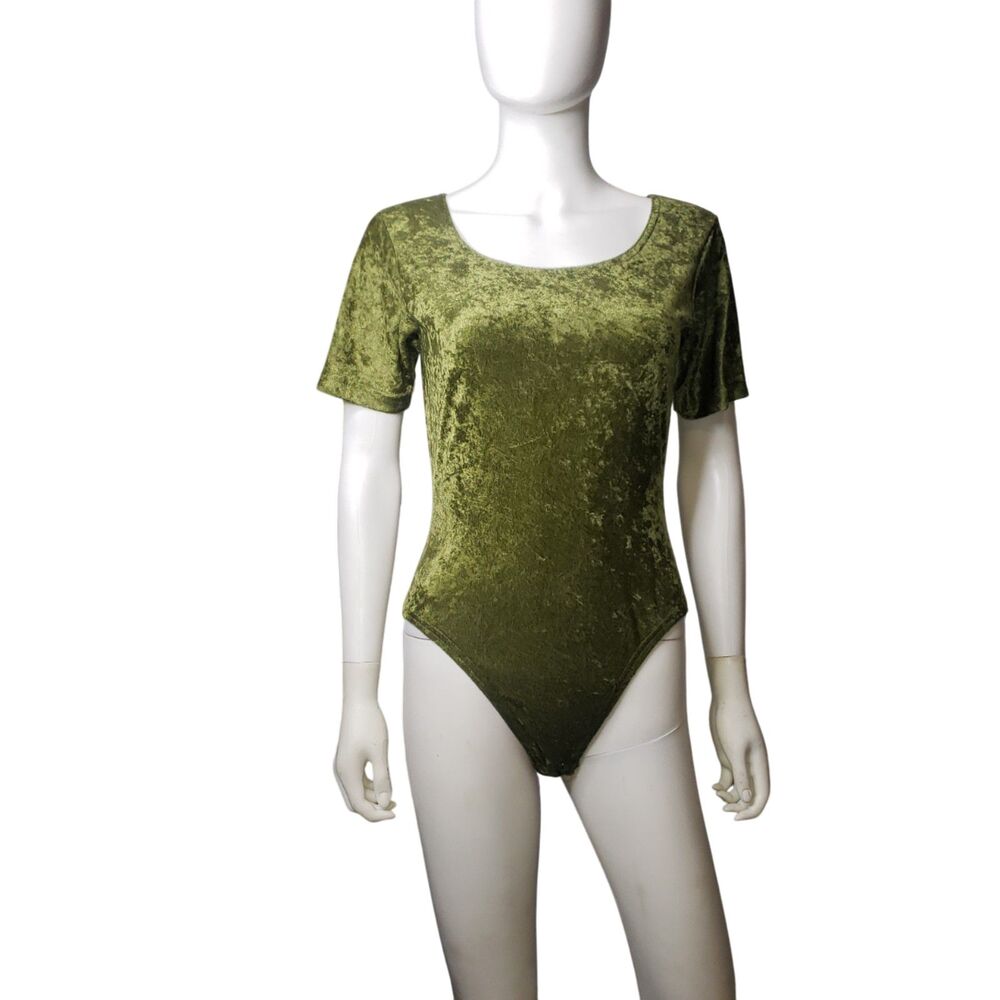 HAPPY LEGS Olive Green Short Sleeve Velour BodySuit Womens Size Small NEW